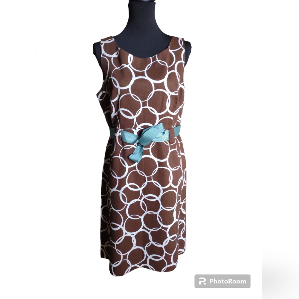 Jessica Howard Sz 16 Brown & White Retro Style Midi Dress with Blue Ribbon Belt
